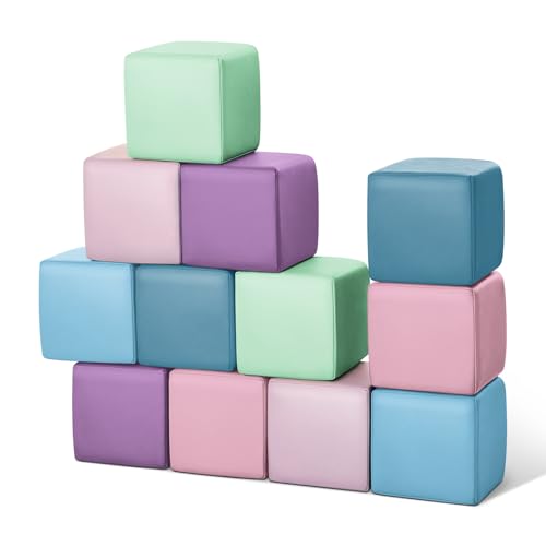TODIBY Foam Building Blocks for Toddlers:12-Pieces Wipeable Leather Stacking Cubes Kids - Large Soft Toys Play Set for Learning Construction Baby Preschool Daycare Therapy Birthday Gift (Purple Pink)