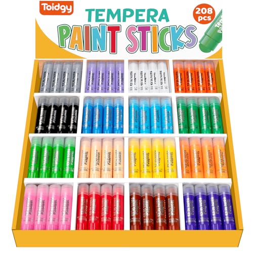 Toidgy 208 Pcs Tempera Paint Sticks, 16 Classic Colors, Washable Solid Paint Sticks for Kids Toddlers, Painting Art Supplies for Classroom Students, Class Pack, Non-Toxic, Quick Drying, Back to School Supplies Bulk