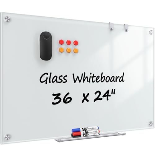 Tomofyzy Glass Whiteboard 36" x 24", Frameless Wall Mounted Dry Erase Board with Tempered Glass Surface, Steel-Backed Magnetic Support, Tray, Eraser, Markers & Magnets for Office, School, Home
