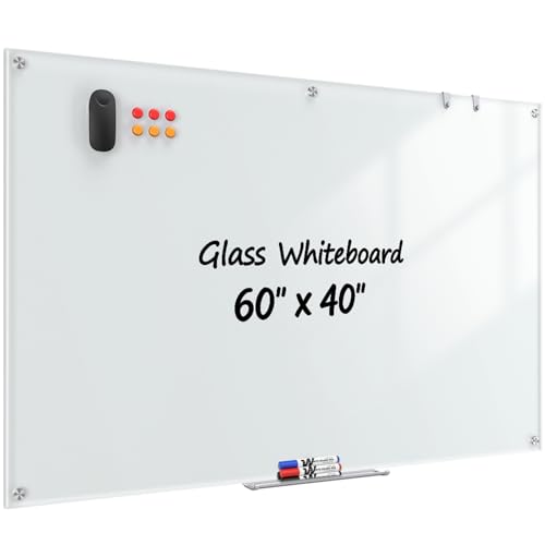 Tomofyzy Glass Whiteboard 60" x 40", Frameless Wall Mounted Dry Erase Board with Tempered Glass Surface, Steel-Backed Magnetic Support, Tray, Eraser, Markers & Magnets for Office, School, Home