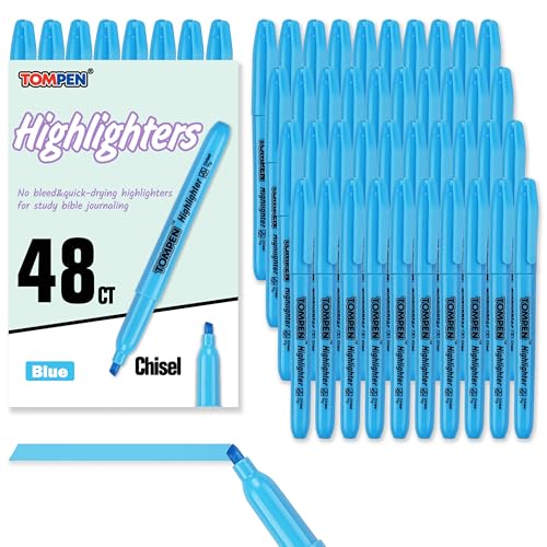 TOMPEN Highlighters Blue 48 Pack,Bible Highlighters No Bleed–Bulk Chisel Tip Highlighter Markers Set for School,Office,Study,Journaling–Smear-Free,Quick Dry–Fluorescent Pens for Teachers Students
