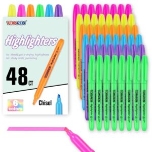 TOMPEN Highlighters Bulk 48 Pack–6 Assorted Colors No Bleed Chisel Tip High Lighter Markers Set for School,Office,Bible Study, Journaling–Smear-Free,Quick Dry Fluorescent Pens for Teachers