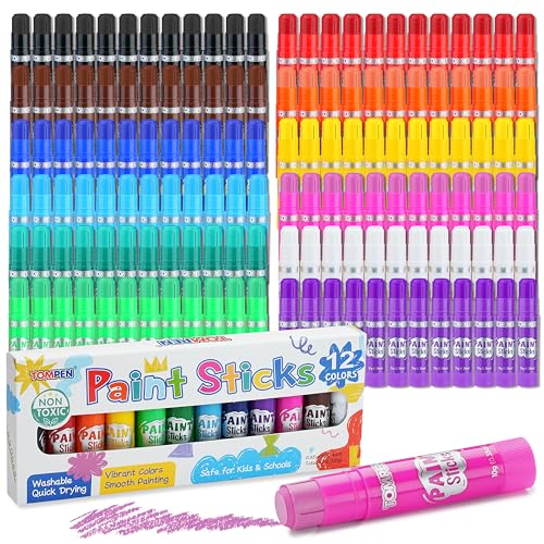 TOMPEN Tempera Paint Sticks for Kids & Artists,144 Pack 12 Vibrant Color,Non-Toxic,Quick Drying,Classic Rainbow Colors,Washable Solid Paint Crayons,Ideal for School Classroom Art Projects & DIY Crafts