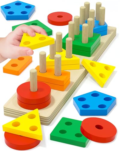 Tonberless Montessori Toys for 1 2 3 Year Old Boy Girl, Toys for Ages 2-4 Toddlers Kids Baby, 1 2 Year Old Boy Girl Birthday Gifts, Wooden Learning Puzzles Shape Sorter Toys for Toddlers 1-3
