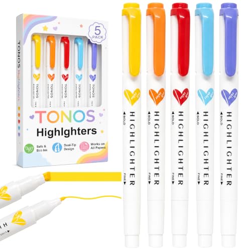 TONOS Highlighters 5 Pcs with Dual Tips, Assorted Colors, Cute Highlighters