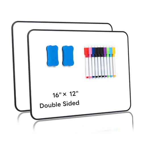 Tonsmile Small Dry Erase Board, 2 Pack A3 Double Sided 16"x12" Magnetic-Receptive Whiteboard for Magnets – Portable White Boards with 10 Pens & 2 Erasers for Home Office Classroom