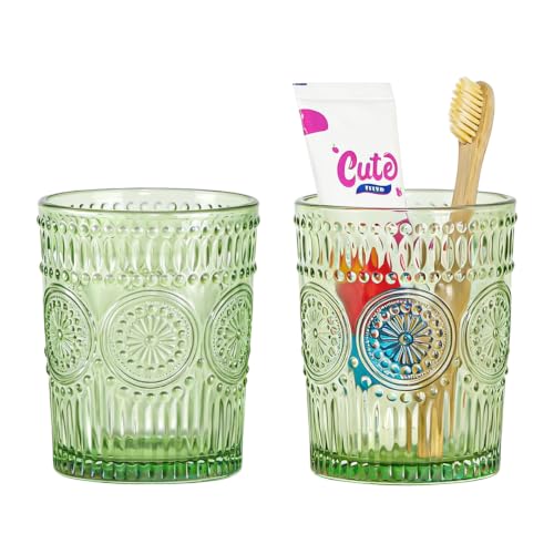 Tonxus 2pcs Glass Toothbrush Holder, Decorative Bathroom Tumbler for Toothpaste, Brushes, Toothbrush and Toothpaste Holder, Bathroom Toothbrush Cup Organizer for Countertop (Green, 10 Oz)