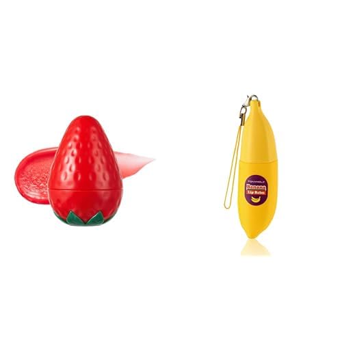 TONYMOLY Mini Strawberry & Magic Food Banana Lip Balm Bundle, Hydrating Tinted Korean Lip Care with Shea Butter & Vitamin E, Sheer Red Tint, Fruit-Infused Moisturizing Travel Size Lip Treatment