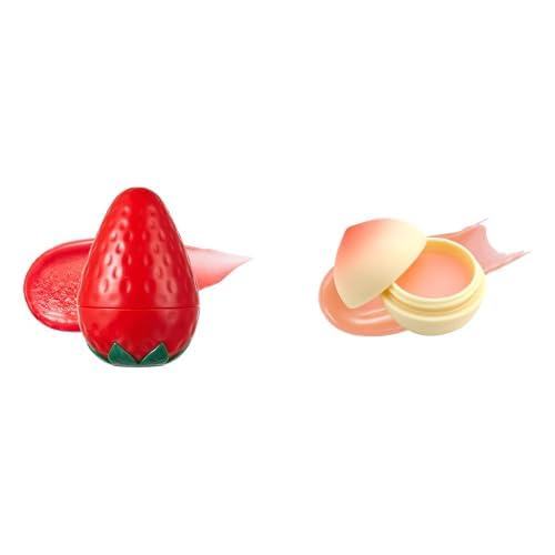 TONYMOLY Mini Strawberry & Peach Lip Balm Bundle, Hydrating Tinted Lip Care with Shea Butter, Vitamin E & Fruit Extract, Moisturizing Formula, Travel-Friendly Korean Lip Care Gift Set