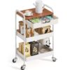 TOOLF 3 Tier Metal Utility Rolling Cart - White Storage Cart with Drawer and Wooden Table Top, Trolley Kitchen Organizer Rolling Desk with Locking Wheels for Office, Classroom, Home, Bedroom