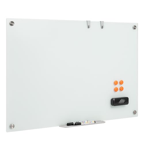 Toolsempire Glass Whiteboard, 36" x 24" Magnetic Dry Erase Board with Eraser, Removable Tray, 2 Markers, 4 Magnets & 2 Hanging Hooks, Large Frameless White Board for Home, Office, School