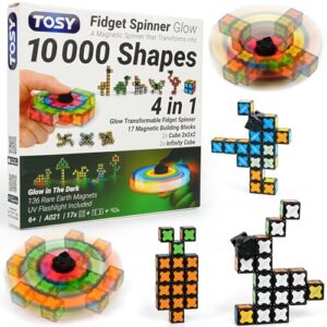 TOSY Magnet Fidget Spinner Glow - 16 Blocks, 3 in 1 Toy: Transformable Fidget Spinner, Infinity Cube, 2x2 Puzzle Cube, Glow, Stress Relief, STEM Magnet Tiles Birthday Gift for Kids/Boys/Girls/Adults