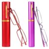 touk Small Pocket Reading Glasses Blue Light Blocking, Slim Compact Half Readers with Portable Pen Clip Case for Men Women 2 Pack Purple/Red +1.0