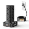Tower Power Strip Surge Protector, 160W Charging Station Tower 12 AC Outlets 8 USB Ports (4 USB C), 6 Ft Flat Plug Extension Cord with Multiple Outlets, Home Office Dorm Room Essentials, Black