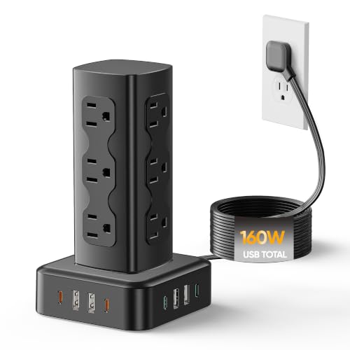 Tower Power Strip Surge Protector, 160W Charging Station Tower 12 AC Outlets 8 USB Ports (4 USB C), 6 Ft Flat Plug Extension Cord with Multiple Outlets, Home Office Dorm Room Essentials, Black