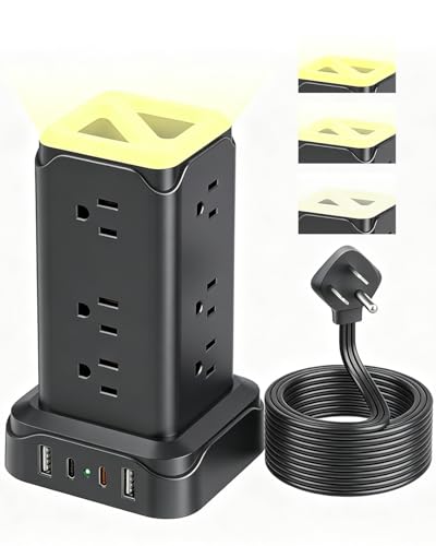 Tower Surge Protector Power Strip with LED Lights,12 Outlets 4 USB (2 USB C), Charging Station Tower 1250W/10A 1800J 6Ft Extension Cord with Multiple Outlets, for Home Office Dorm Room, Black