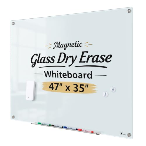 TOWON Large Magnetic Glass Dry Erase Whiteboard 47" x 35" - Frameless White Glass Board, Wall-Mounted & Stain-Resistant Surface for Office, Home & Classroom - Includes 4 Markers, Eraser, Magnets