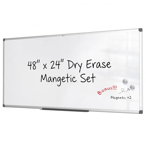 TOWON Magnetic Dry Erase Board White Board, Silver Aluminium Frame, Whiteboard for Wall with Pen Tray and Accessories for Office, Homeschool, 48 x 24 Inches