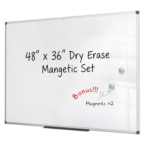 TOWON Magnetic Dry Erase Whiteboard 48 x 36 in, Large White Board for Wall, 4 x 3 Whiteboard with Marker Tray & 2 Magnets, Silver Aluminum Frame for Office, Classroom & Home