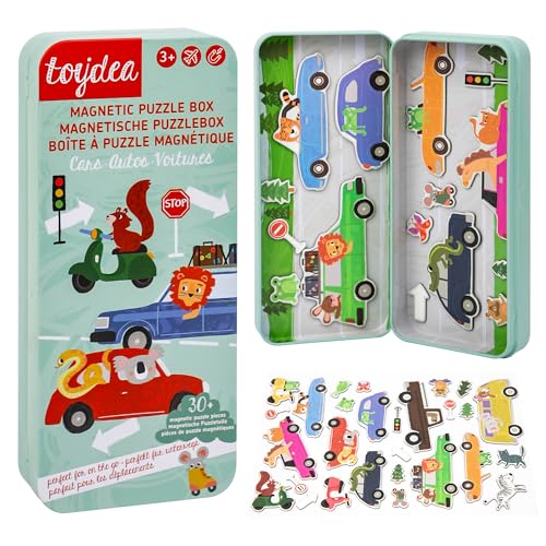 Toydea Portable Magnetic Game Puzzle Box – Road & Park Theme 30+ Pcs – Travel Toy for Boys Ages 3-6 – Ideal for Car & Plane – Promotes Motor Skills – Great Gift