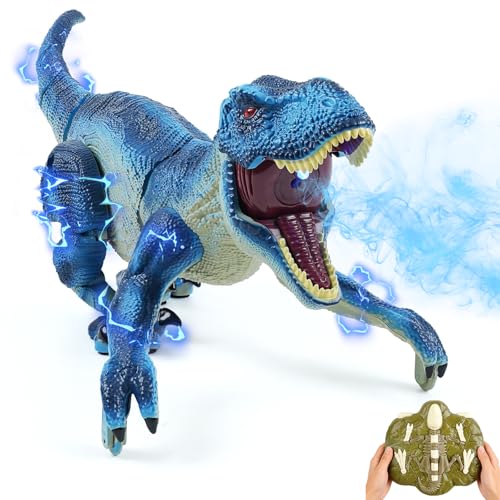 ToyFuntasy Remote Control Dinosaur Toys - Birthday Gifts for Boys Ages 3-5 4-7 8-12, Interactive Toy for Kids 3 4 5 6 7 8 9 10 11 12 Year Old, Walking Dino with Roar, Lights, and Spray - Blue