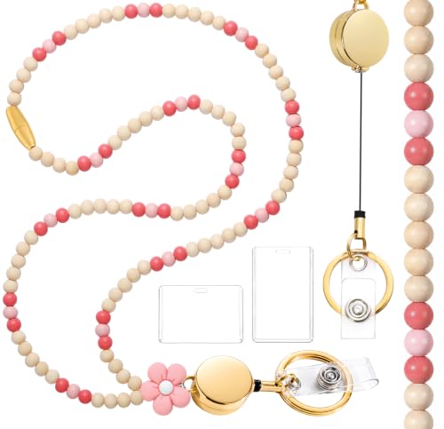 Toykee Teacher Lanyard for ID Badges Women - Pink Flower Wooden Beaded Badge Holder Necklace with Breakaway Clasp, Waterproof ID Card Holder & Swivel Clip, Cute Teacher Nurse Office Work Lanyard