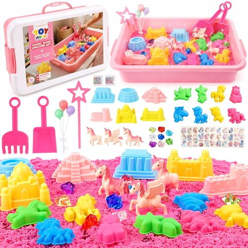 TOY Life Unicorn Sensory Bins Sand Toys for Kids with 2.6 Ibs Magic Sand Castle Building Sandbox Unicorn Toys Birthday Gifts for Girls Ages 4-6-8, Party, Indoor Sensory Pretend Play Preschool Learning