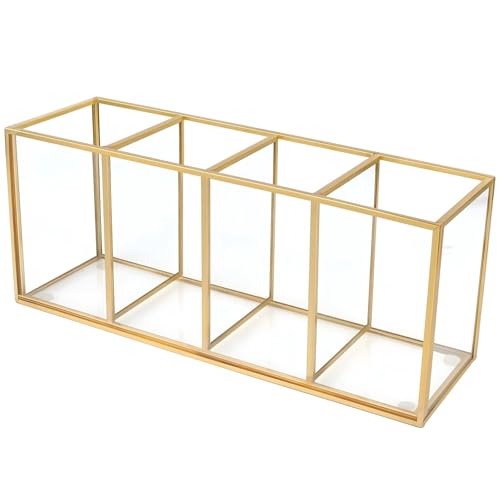 Toyosport Gold Pencil Holder, Gold Makeup Brush Holder, 4-Compartment Desktop Organizer, Transparent Glass Holder, Ideal for Makeup, Office, School Items Storage