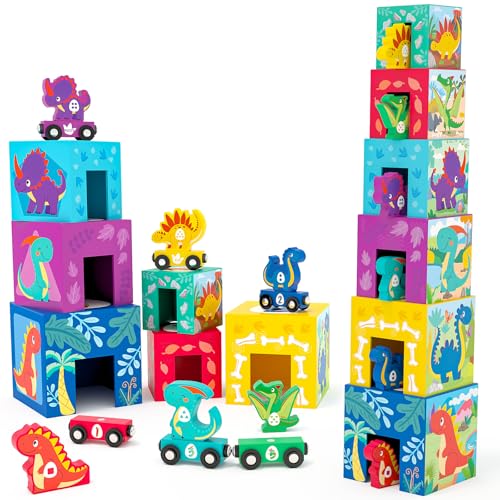 Toyssa Wooden Dinosaur Sorting and Stacking Toys for Toddler 1-3, Number Blocks Nesting Boxes with Magnetic Animals Train Set, Preschool Learning Montessori Toys for 1 2 3 Year Old Boys Girls Gift