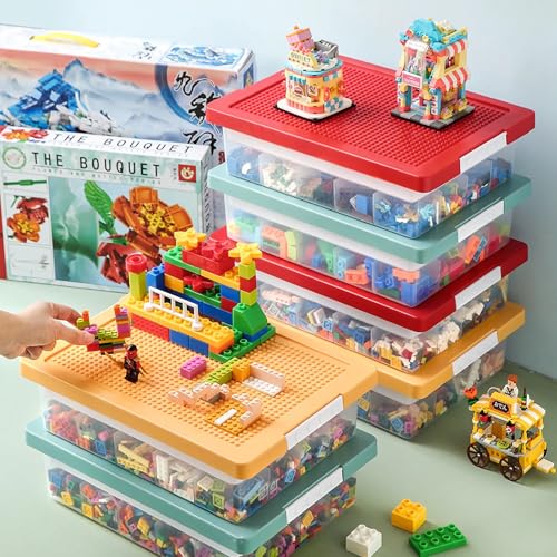 Toys Storage Organizer Box for Lego, Toy Storage Box with Building Plate Lid and Removable Tray, Building Block Storage, Stackable Plastic Organizer Bins(Red)