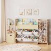 Toy Storage Organizer with Bookshelf and Stuffed Animal Storage - Kids Playroom Organization with Shelves and 7 Toy Bins, 4-in-1 Toddler Montessori Wood Bookcase Shelf for Baby Nursery, Bedroom