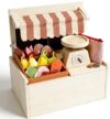 Trandlebug Wooden Pretend Play Market Stall with Scale & Food - Tabletop Farmers Market Grocery Store Set - Montessori Toy for Toddlers 3+