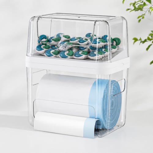 Trash Bag and Laundry pods Dispenser, 3-in-1 Clear Under Sink Organizer, Dishwasher Pod Storage Container, Stackable Kitchen Cabinet Storage Box Fits 13/30/33 Gallon Garbage Bags
