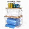 Trash Bag Organizer and Under Sink Storage System, 4 Piece Stackable Clear Storage Bins with Bamboo Lids, Fits 13/30/33 Gallon Bags, Organizer for Laundry Pods, Dishwasher Pods, Kitchen Pantry