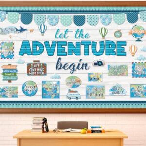 Travel the Map Bulletin Board Set Let the Adventure Begin Classroom Decoration Adventure Theme Motivational Sign Let's Explore Cutouts for Back to School Office Chalkboard Wall Door Decor(Blue)