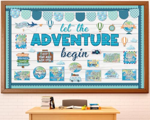Travel the Map Bulletin Board Set Let the Adventure Begin Classroom Decoration Adventure Theme Motivational Sign Let's Explore Cutouts for Back to School Office Chalkboard Wall Door Decor(Blue)