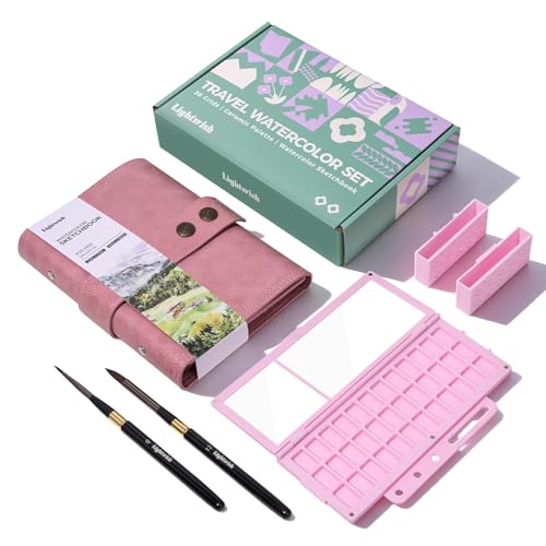Travel Watercolor Sketchbook Set - 100% Cotton Cold Press 6.7x3.9 Inch Binder Art Journal with 36-Well Ceramic Paint Palette & 2 Travel Watercolor Brushes for Artists Outdoor Painting