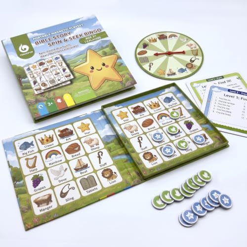 TRAVOFUN Magnetic Bible Story Spin & Seek Bingo Game for Kids Ages 3-8 | Portable Christian Learning Toy with Spinner & Question Cards | Interactive Travel Game for Road Trip | Screen Family Activity
