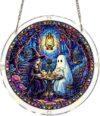 TREBIN 7.48'' Halloween Acrylic Jigsaw Puzzle Suncatcher, Stained Glass Window Hanging, Acrylic Sun Catcher Puzzle 83 Pieces, Fall Harvest Thanksgiving Halloween Decor (Witch Ghost Tea Party)