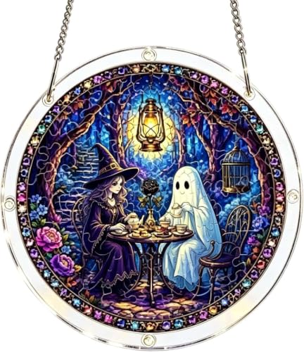 TREBIN 7.48'' Halloween Acrylic Jigsaw Puzzle Suncatcher, Stained Glass Window Hanging, Acrylic Sun Catcher Puzzle 83 Pieces, Fall Harvest Thanksgiving Halloween Decor (Witch Ghost Tea Party)