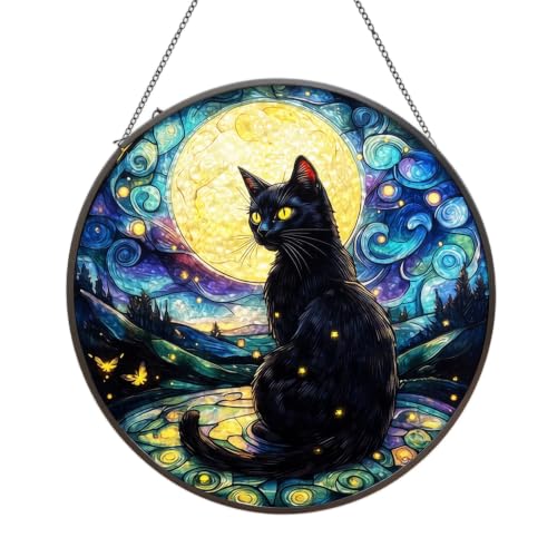 TREBIN Halloween Acrylic Jigsaw Puzzle Suncatcher, Stained Glass Window Hanging DIY Puzzle Sun Catcher 83 Pieces, Gothic Halloween Decoration Thanksgiving Home Decor (Moon Black Cat Glowing Firefly)