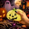 TREBIN Halloween Pumpkin Stress Ball, Cute Glitter Dumpling Squishies for Adults, Spooky Ghost Decorations, Halloween Pumpkins Squeeze Fidget Toys for Anxiety Relief (Yellow)