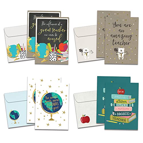 Tree-Free Greetings Teacher Appreciation Cards - Artful Designs - 8 Assorted Cards + Matching Envelopes - Made in USA - 100% Recycled Paper - 5"x7" - For Teacher, Awesome and Amazing (GA64458)