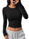Trendy Queen Womens Long Sleeve Crop Tops Basic Slim Fitted Shirts Fall Fashion Outfits 2026 Teen Girl Clothes Black 2XL