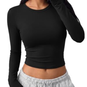 Trendy Queen Womens Long Sleeve Crop Tops Basic Slim Fitted Shirts Fall Fashion Outfits 2026 Teen Girl Clothes Black 2XL