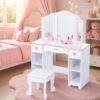 Tri-Fold Mirror Kids Vanity Table with Stool for 3-9 Year Old Girls White