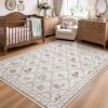 Tribesigns Moroccan 5x7 Beige Floral Bow Area Rug for Girls Bedroom & Living Room, Washable Soft Low Pile Non Slip Vintage Cute Cottagecore Woodland Animal Rug for Nursery Dorm Kids Playroom