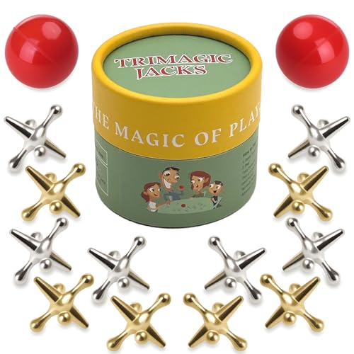 TriMagic Metal Jacks Game with Ball Classic, Jax Toy, Vintage Jacks and Ball Set, Original Jax Game for Kids and Adults, Retro Old School Toys for Family, Old Fashioned Nostalgic Gifts