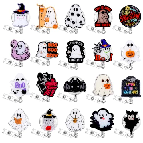 Trnayi 20 Pcs Halloween Funny Badge Reel Bulk Funny Ghost Badge Holder Retractable Alligator Clip Accessorie for Name ID Card Lanyards Spooky Ghost Doctors Decor Medical Worker Halloween Nurse Gifts