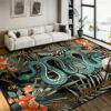 Tropical Teal Snake Exotic Orange Floral Area Rug for Living Room, 3' x 5'